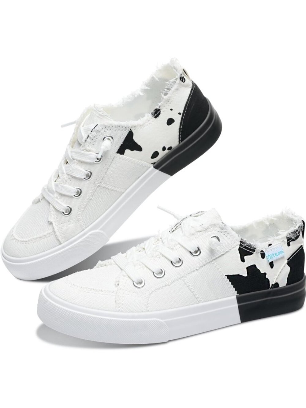 Women's Stitching White Closed Toe Canvas Slip on Washed Leopard Sneaker Shoes